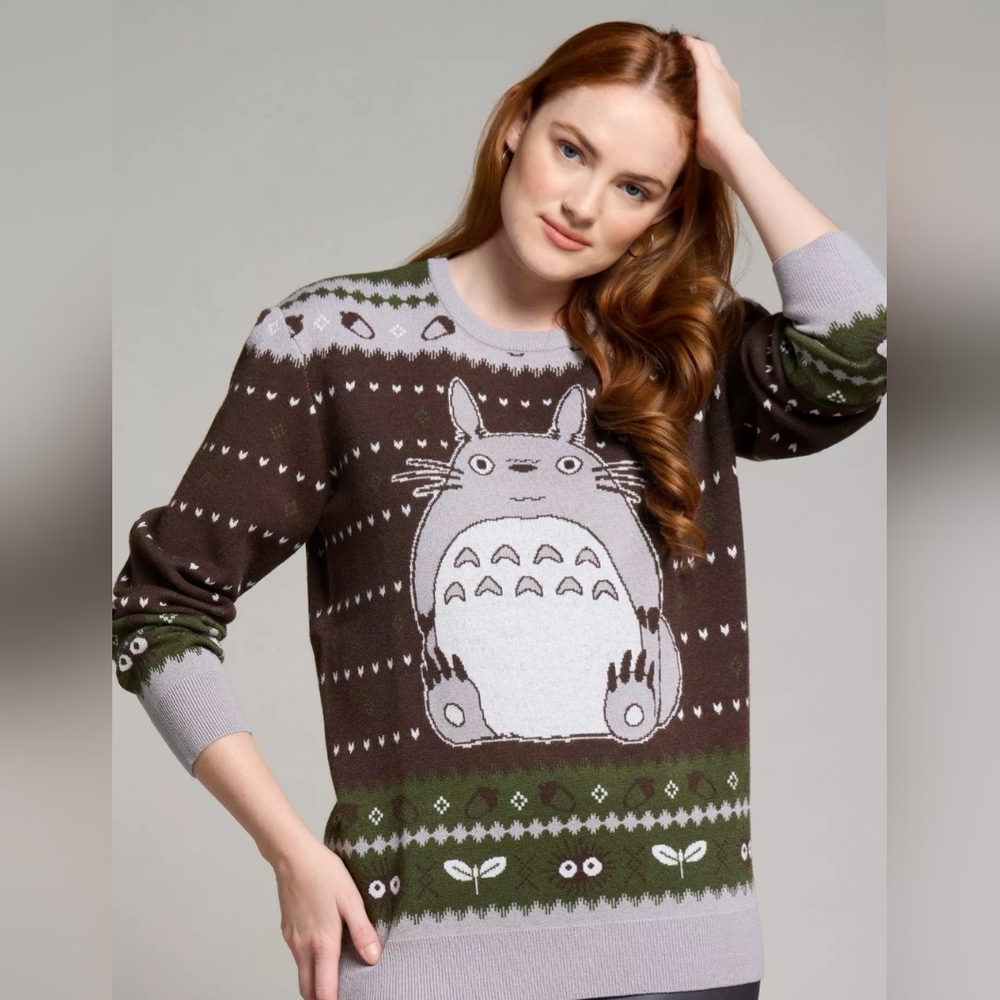 Totoro Patterned Brown and Green Sweater
